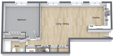 Floor plan for 1 bed, 1 bath, 720 sqft